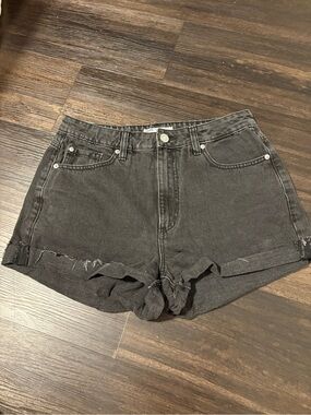 Garage Charcoal Black Rolled-Cuff Denim Mom Shorts